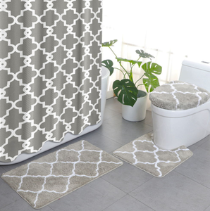 Bathroom Washroom Waterproof 4pcs Shower <b>Curtains</b> Toilet Lid Cover Anti-Slip Rug Mat Set - Product Image 4
