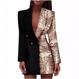 Champagne Gold <b>Sequin</b> Blazer V-Neck Long Sleeve Casual Suit Women's Fashion Coat Four Seasons Wear - Product Image 1