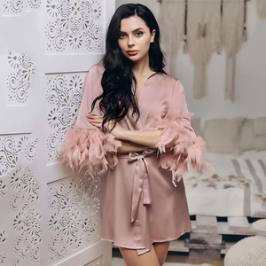 Wholesale Luxury Soft Polyester Satin Women's Fashion V-Neck Long Sleeve Short Length Breathable Quick Dry <strong>Robe</strong> With Frather - Product Image 2