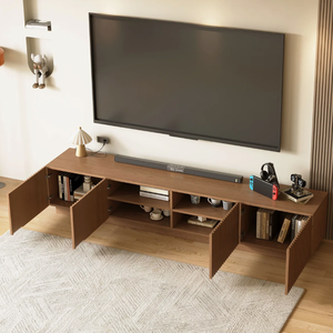 Mobile <span class=keywords><strong>TV</strong></span> Moderno Scanalato da 86,6 Pollici con Ante a Doghe, Corpo in MDF e <span class=keywords><strong>Base</strong></span> in Legno Massello per <span class=keywords><strong>TV</strong></span> fino a 90 Pollici - Product Image 2