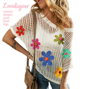 Loveda New Arrival T-Shirt lavorata a maglia ricamata floreale <span class=keywords><strong>traforata</strong></span> con fiore 3D - Product Image 1