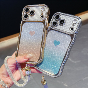 Coque de téléphone en forme de cœur avec cadre ondulé à paillettes dégradées et strass pour <span class=keywords><strong>Samsung</strong></span> S26 Ultra S25 S24 Plus, avec support et sangle, étui brillant - Product Image 2