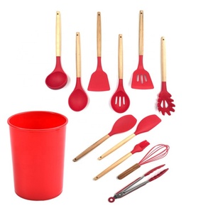 12pcs <b>Kitchen</b> Utensil Set <b>Red</b> Silicone Wooden Spoons Ladle Spatula Eco-Friendly Home Cooking <b>Accessories</b> with Holder - Product Image 2