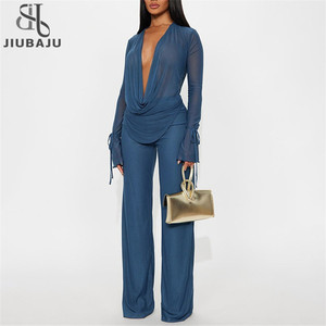 Tenues pour femmes, haut court à manches longues et col en V profond, pantalon, ensemble sexy en maille pour femmes, 2 pièces - Product Image 1