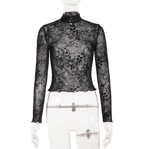 T-shirt Y2K sexy et tendance en maille transparente imprimée, col semi-montant, avec volants, style Dark Pure Desire - Product Image 6