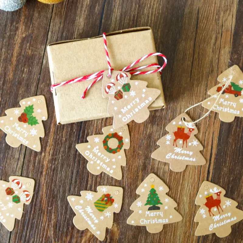 Label pohon Natal antik Set kartu Natal 2023 tag kertas Kraft dengan tali rami label gantung Natal