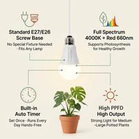 Kit de Cultivo Inteligente para Interiores con Bombilla LED para Plantas, Base de Rosca E26 E27, Temporizador de Horas para Monstera y Plantas de Interior en Macetas Grandes