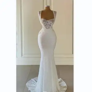 Vintage Appliqued Lace Beaded Cap sleeve Mermaid Bridal Dresses white shinny Cheap Wedding Gowns MW70