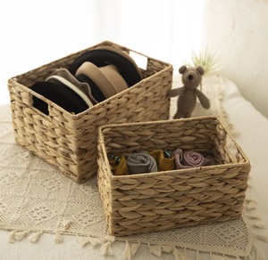 Ensemble 3 paniers rectangulaires en osier avec poignées en bois pour étagères paniers de rangement en jacinthe d'eau jonc de mer naturel pour organiser