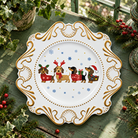 Assiette de Présentation en Plastique de 13 Pouces avec Motif Teckel de Noël Imprimé UV et Bordure Dorée Gaufrée Élégante pour les Décorations de Table de Fêtes