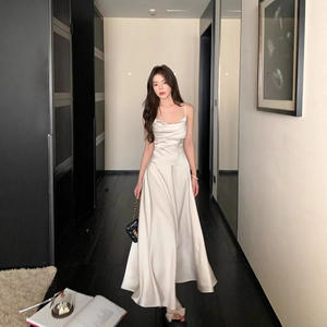 French Style Pleated <b>Slip</b> Dress Women a Line <b>Long</b> Skirt Breathable Woven Handwash Care No Wrinkle Treatment Leisure Daily Wear - Product Image 2