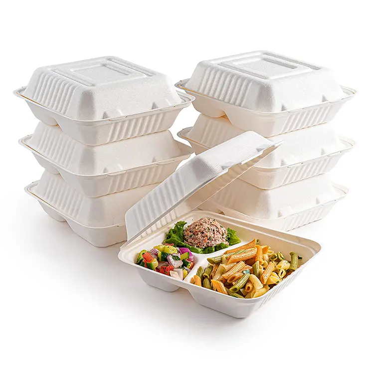 Eco Friendly 100% Biodegradable 2 Compartments 6" 450Ml 750Ml 1000Ml Sugarcane Box For Salad