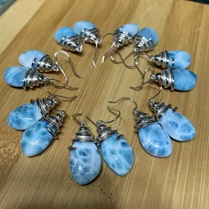 Wholesales Drop Shaped Natural Blue Larimar Gemstone Jewelry 925 Silver Larimar Earrings