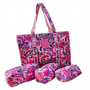 Handmade Cotton Winter Block Print Quilted <b>Tote</b> <b>Bag</b> Open Zipper Large Reusable Shopping <b>Pockets</b> Canvas Lining Wholesale Pinksa - Product Image 2