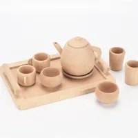 प्राकृतिक लकड़ी चाय का सेट बच्चों नाटक खेलने मोंटेसरी शैक्षिक खिलौना ठोस लकड़ी संवेदी बिन उपकरण ट्रे के साथ लकड़ी के रसोई खिलौने