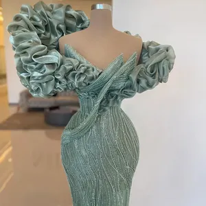 Elegant Off Shoulder Mermaid Sage Green Evening Dresses Luxury Dubai Women Arabic Champagne Wedding Party Gown Sz288