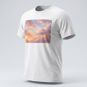 T-shirt blanc à col rond et manches courtes pour homme, coupe décontractée, imprimé ciel nuageux au coucher du soleil - Product Image 1
