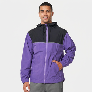 Men's Hooded Color Blocking Waterproof Windbreaker Jacket Polyester/Nylon Purple Black Zipper Casual Autumn Outdoor Wear - Product Image 1