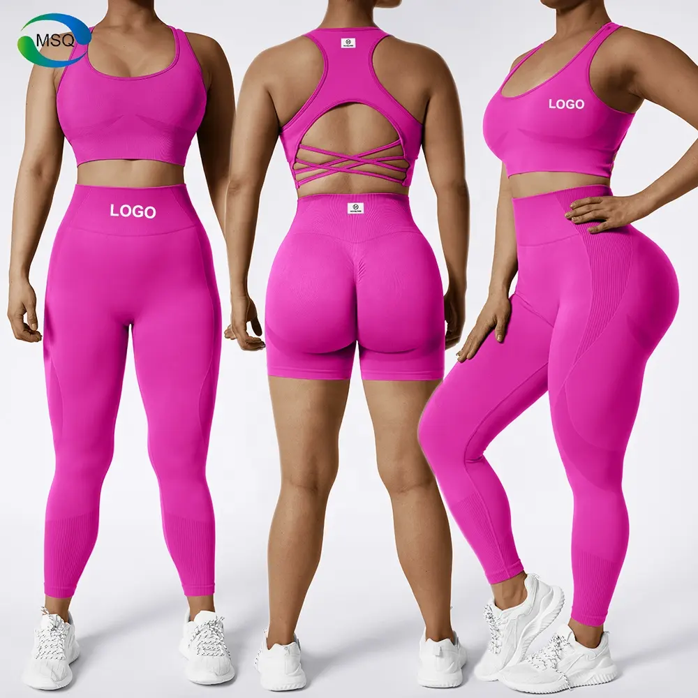 Custom Logo Summer Activewear Gym Fitness Sets 3 Piece seamless Sports Bra Scrunch Butt Shorts Leggings Workout Sets for women