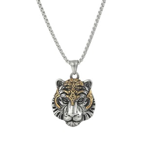 Collier pendentif tête de tigre Yunnique en acier inoxydable, design du zodiaque animal, accents dorés, perle carrée, chaîne de 60 cm pour hommes - Product Image 5