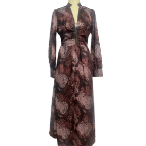 เดรสยาวพิมพ์ลายเพสลีย์สไตล์วินเทจสำหรับผู้หญิง แขนยาว ซิปด้านหน้า ทรงพลิ้วไหว ชุดราตรีแฟชั่น - Product Image 6