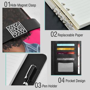 LABON-Agenda planificadora de piel sintética con hojas sueltas Afro para niñas y mujeres, cuaderno con impresión y horarios, color negro - Product Image 4