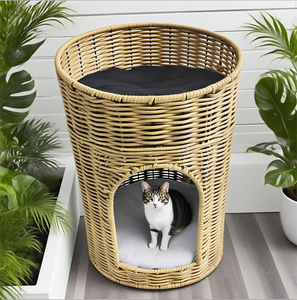 Condominio personalizzato per cani in Rattan a 2 livelli | Salotto aperto e grotta chiusa, mobili per animali Multi-gatto salvaspazio, colori/dimensioni personalizzati - Product Image 1