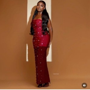 Vestido Vintage Antiestático <span class=keywords><strong>Elegante</strong></span> de Estilo Europeo Americano con Hombro Descubierto, Cuello Halter, Abertura Alta y Adornos de Cuentas y Diamantes, Corte Imperio - Product Image 3