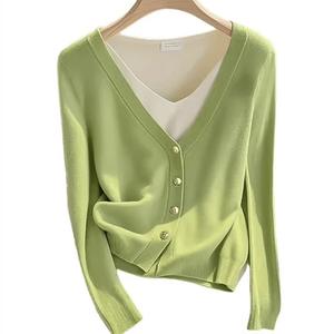 Design Chic unico da <span class=keywords><strong>donna</strong></span> autunno inverno collo a V <span class=keywords><strong>verde</strong></span> due pezzi maglia a maniche lunghe <span class=keywords><strong>Cardigan</strong></span> con Base in maglia stile Casual - Product Image 5
