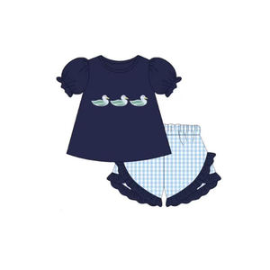 GBO0504 Ensemble de vêtements décontractés pour fillette, style personnalisé sans MOQ, imprimé floral bleu avec nœuds, manches courtes, shorty, vente en gros pour enfants - Product Image 6