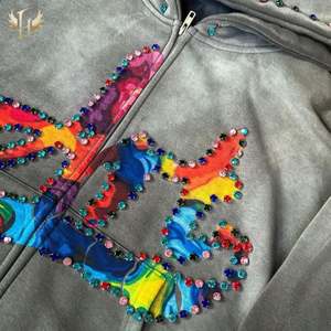 Spray Monkey Washed Custom Boxy Oversized Zipper Pullover Sudaderas con capucha Gradientes de colores DTG Big Rhinestones Rivet Hoodie - Product Image 5