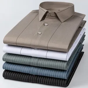 Camicia da <span class=keywords><strong>uomo</strong></span> <span class=keywords><strong>Slim</strong></span> <span class=keywords><strong>Fit</strong></span> a maniche lunghe a righe Casual da ufficio elasticizzata senza rughe in filato traspirante Anti-Pilling tinto per la primavera - Product Image 3