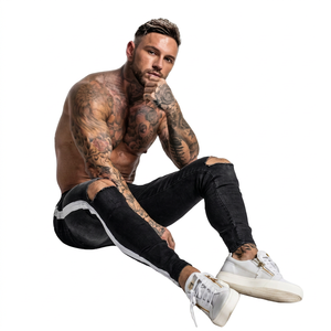 Jean slim homme style urbain uni printemps, denim déchiré extensible délavé, broderie et rivets hip-hop - Product Image 1