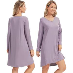 Chemise de nuit personnalisée pour femme, douce, côtelée, à manches longues, col en V, en viscose de bambou, vêtement de nuit décontracté, tailles S-XXL - Product Image 2