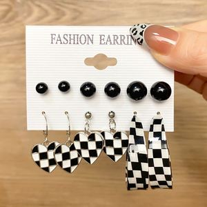 Vintage Love Geometric Checkerboard Drop <b>Earrings</b> Set for Women Fashion <b>Black</b> White Lattice Heart <b>Stud</b> <b>Earring</b> Jewelry - Product Image 6