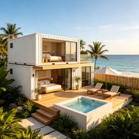Villa modulaire en conteneurs maritimes préfabriqués à deux étages avec vue sur l'océan et piscine spa pour hôtel de villégiature tropicale sur la plage
