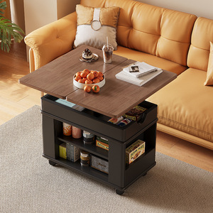 Solid Wood Folding Coffee Table With Wheels Height Adjustable Living Room Side Cabinet Movable <b>Trolley</b> Storage Shelf - Product Image 4