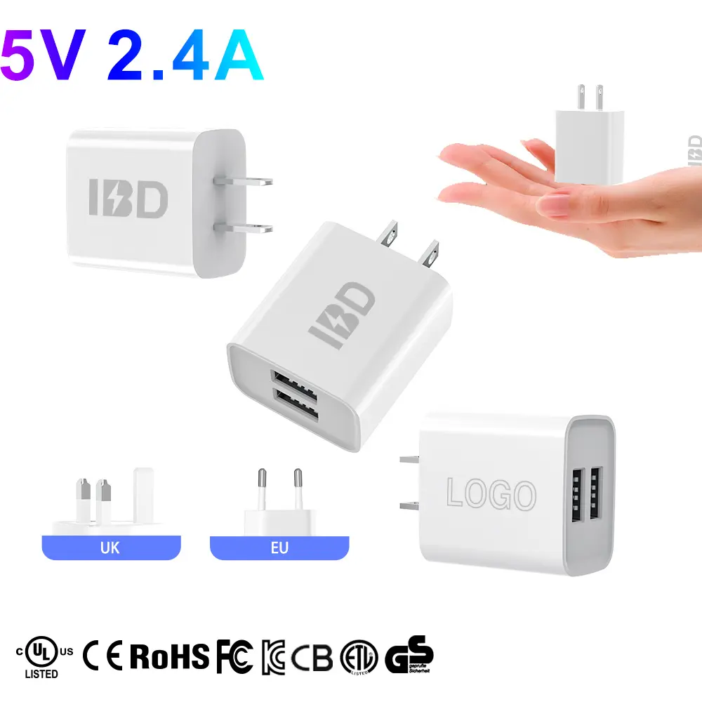 IBD Factory OEM Logo 5v 2a 2.4a mini small mobile phone double dual two usb 2 port us uk eu plugs 10w 12w smart wall charger