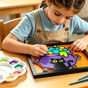 Kit de Peinture sur Bois Sorcière d'Halloween DIY, Ensemble Artistique 3D Superposé <span class=keywords><strong>Chat</strong></span> <span class=keywords><strong>Noir</strong></span> en Bois avec Peintures Non Toxiques et Pinceaux, Activité Éducative - Product Image 2