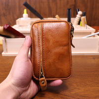Porte-clés en cuir tanné végétal fait main vintage, grande capacité, mini portefeuille, porte-monnaie, avec logo personnalisé en relief