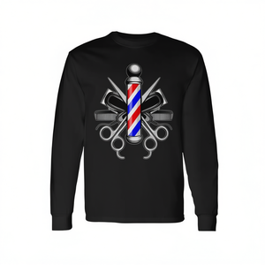 T-shirt à manches longues unisexe à col rond avec impression numérique, motif poteau de barbier, ciseaux et peignes, promotionnel pour adultes - Product Image 3
