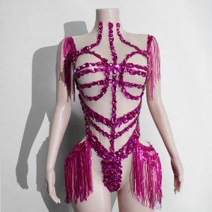 Justaucorps rose magenta à franges de strass Cyber Pop pour festival de musique, scène, diva, drag queen, artiste, costume de spectacle - Product Image 1