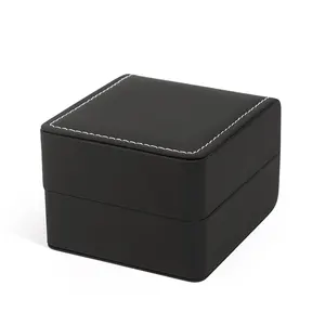 Caja de reloj de cuero negro con logotipo personalizado, caja de reloj individual de lujo con almohada pequeña