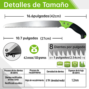 Sierra manual de acero 65Mn con dientes triple afilados, hoja de 270mm, 8TPI, para cortar agua, podar árboles, jardín, frutales, plástico - Product Image 6