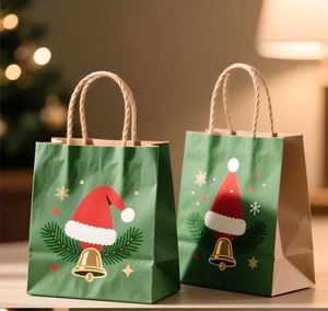 Bolsa de Regalo Navideña Personalizable de Papel Kraft Marrón Ecológico con Asa de Cuerda de Algodón, Color y Tamaño Personalizados, Impresión Serigráfica - Product Image 1