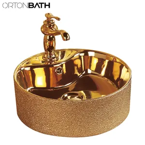 ORTONBATH อ่างล้างหน้าทรงกลมเคลือบเงา,อ่างล้างหน้าเคลือบเซรามิกผิวเคลือบทองพร้อมก๊อกผสม