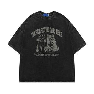 เสื้อยืดแขนสั้นสำหรับผู้ชายเสื้อยืดสตรีทแวร์ทรงหลวมลายการ์ตูนแมวซักแล้ว - Product Image 4