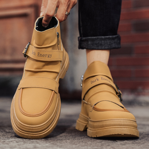 Men's Fashion Yellow Platform Boots Buckle Strap Zipper Closure Durable Anti Slip High Top Casual Boots For Daily Outdoor - Product Image 5