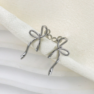 Bowknot Stud Earrings Steel Color Geometric Design Fashion Jewelry - Product Image 3