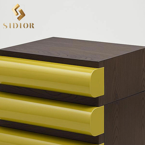 Modern Wooden <strong>Bedside</strong> <strong>Table</strong> with Bright <strong>Yellow</strong> Accents - Curved Drawer Fronts Bedroom Nightstand - Product Image 2
